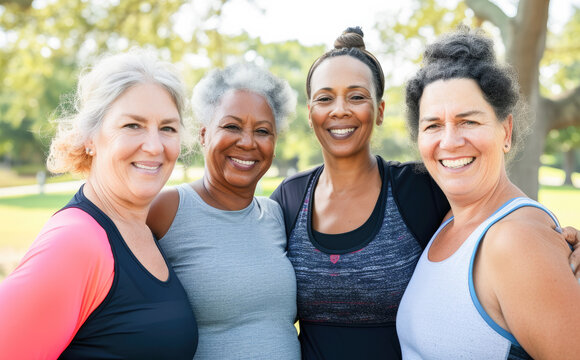 Group of happy elderly people standing together in sportwear before exercising in the park. Concept of active lifestyle at madure age. 