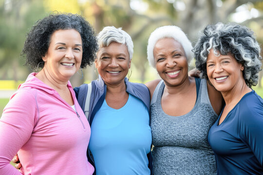 Group of happy elderly people standing together in sportwear before exercising in the park. Concept of active lifestyle at madure age. 