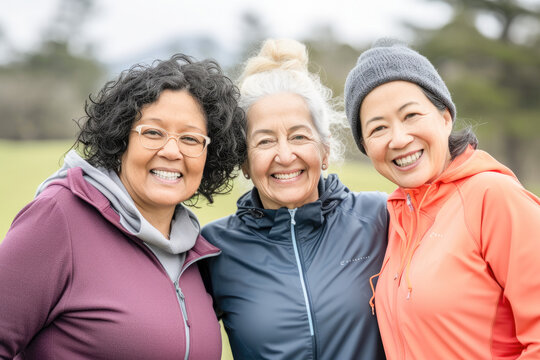 Group of happy elderly people standing together in sportwear before exercising in the park. Concept of active lifestyle at madure age. 
