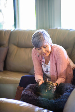 Middle aged lady with her pat cat siting in bed on the lounge