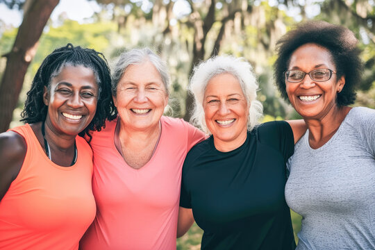 Group of happy elderly people standing together in sportwear before exercising in the park. Concept of active lifestyle at madure age. 