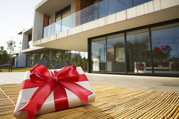 gift with a big bow on a bamboo mat outside a modern home