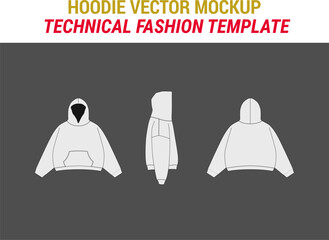 Hoodie Sweatshirt Flat Technical Drawing Illustration Hoodie Fashion Mock-up Template Hoodie Unisex Sweatshirt Women Men Hoodie Vector Illustration