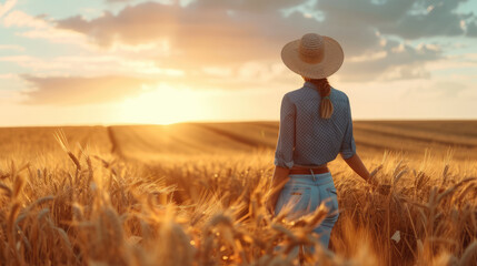  A solitary figure in a wide-brimmed hat stands amidst a vast wheat field, gazing at the setting sun on the horizon.