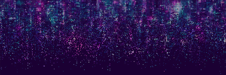 Seamless halftone dotted digital technology wide background with futuristic neon light and faded effect. Cyberpunk and retrowave design for technology, hi-tech and science concept. Vector illustration