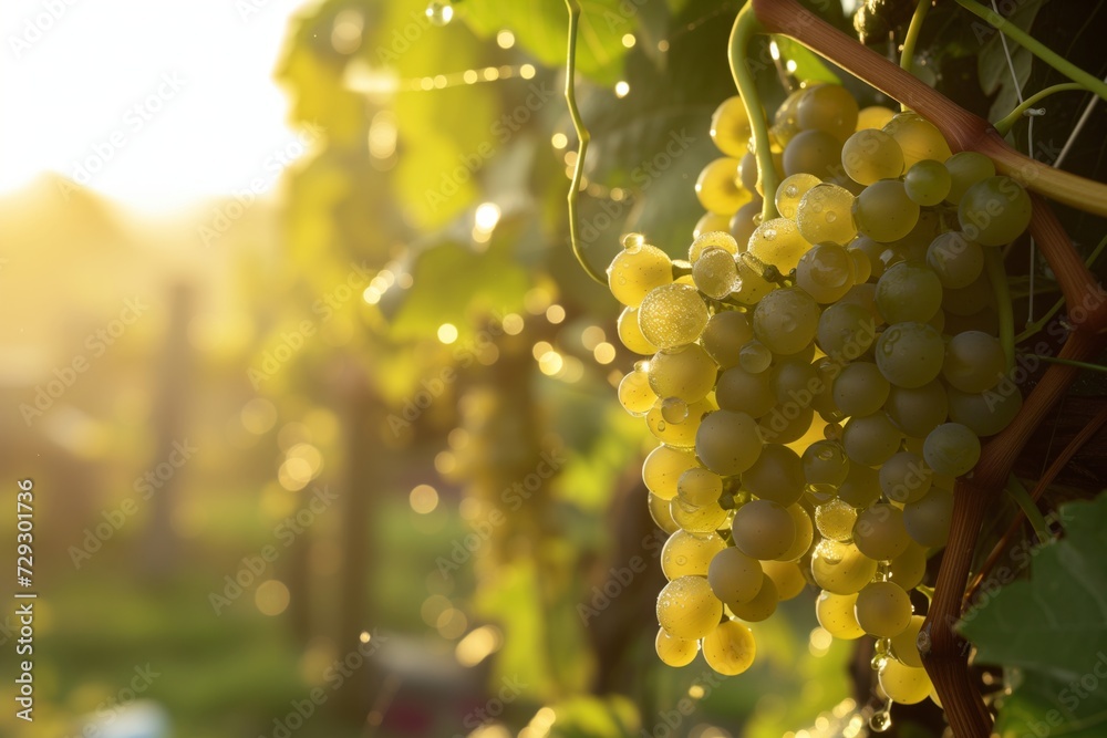 Sticker freshly watered courtyard grapes glistening at sunrise