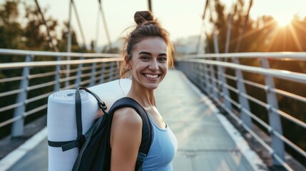 Smiling Woman Ready for Yoga at Sunset