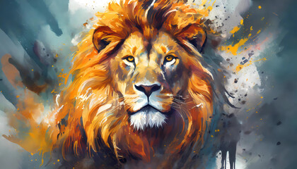 Majestically looking lion painted in airprush, colorful, strength, power, king, lion