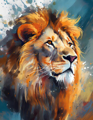 Majestically looking lion painted in airprush, colorful, strength, power, king, lion