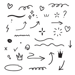 Obraz premium Sketch underline, emphasis, arrow shape set. Hand drawn brush stroke, highlight, speech bubble, underline, sparkle element. Vector illustration.