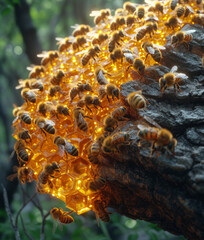 Swarm of bees on tree. Beehive in the shape of a honeycomb with bees