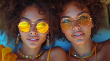 two girls traveling by yellow bus, fashionable hippie top models portrait  - summer concept