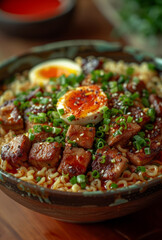 Bowl of ramen with pork belly egg green onions and chili oil