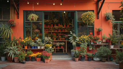 Fototapeta na wymiar A colorful flower shop with a variety of plants displayed outside.