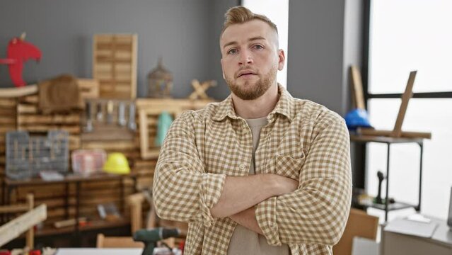 A focused young man with a beard in a plaid shirt stands in a carpentry workshop full of wooden creations.