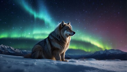 White wolf sitting in the snow against the backdrop of the starry sky and aurora borealis