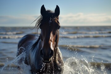 wet horse with water droplets running toward camera from waterfront - obrazy, fototapety, plakaty