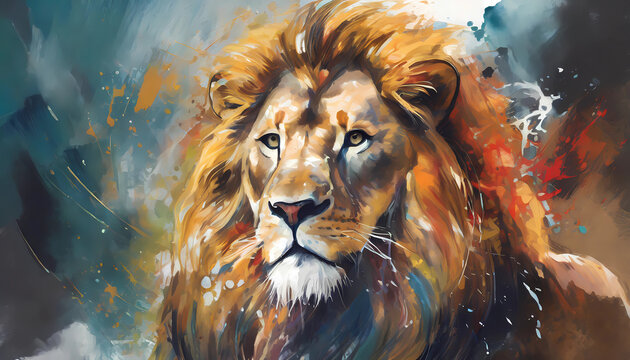 Majestically looking lion painted in airprush, colorful, strength, power, king, lion