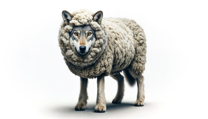 Wolf in sheep's clothing, exemplifying deception and disguise, isolated on white background