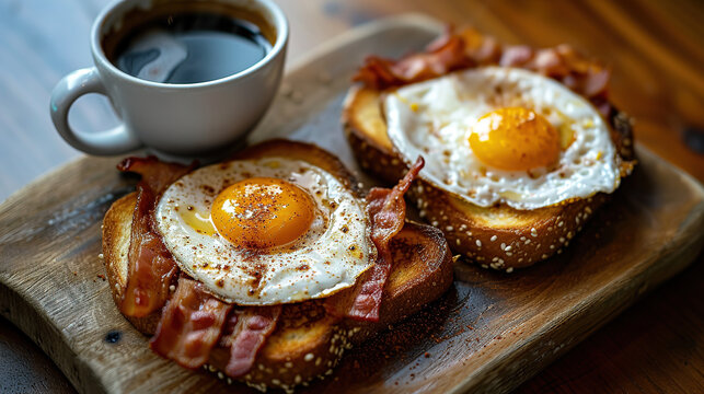 Toast with fried Eggs and crispy Bacon with a cup of coffee. Image for Cafe and Restaurant Menus