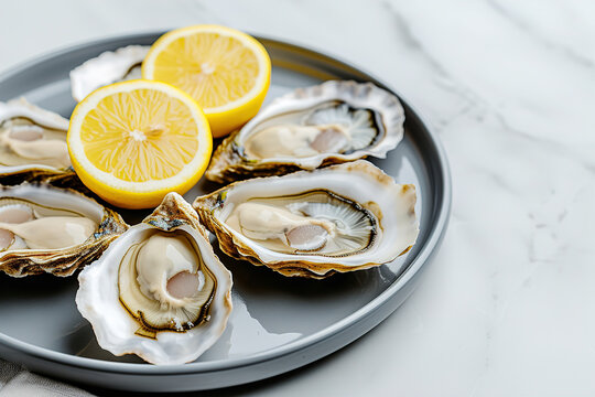 A plate of oysters with a Lemon, Image for Cafe and Restaurant Menus