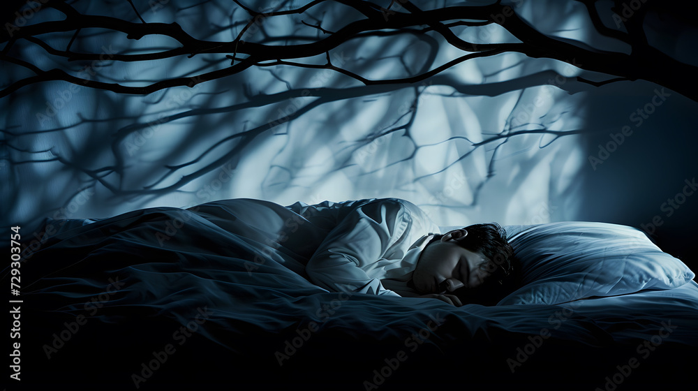 Wall mural stressed man with panic attacks while having nightmare at night