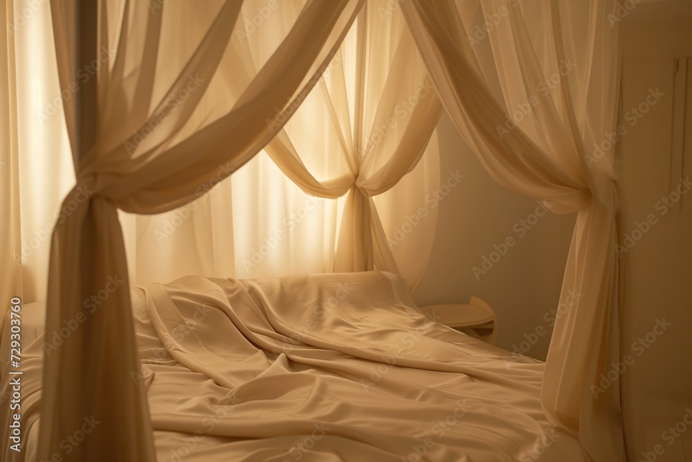 Poster elegantly draped canopy over a bed with satin bedding