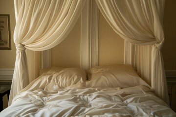 elegantly draped canopy over a bed with satin bedding