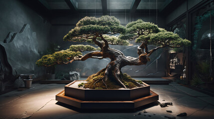 Bonsai tree in a futuristic setting with sleek and modern elements