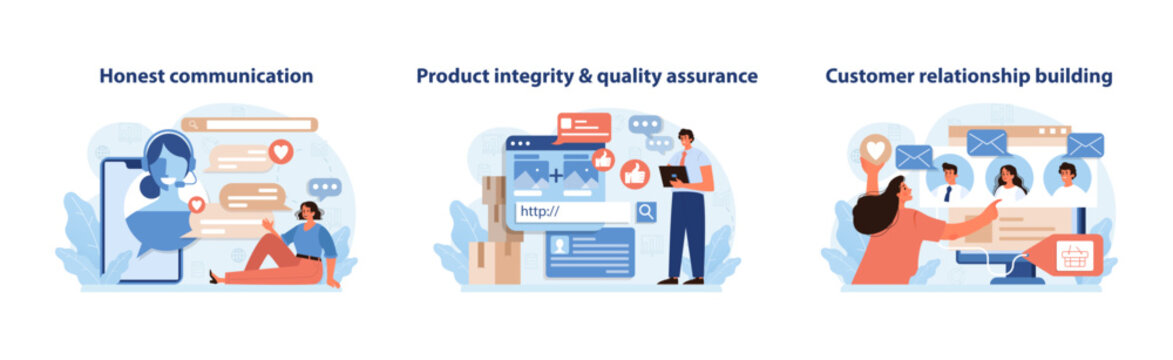 Brand Authenticity Illustrative Set. Delivers insights on honest communication, product integrity and quality assurance, and building customer relationships for brand trust. Flat vector illustration.