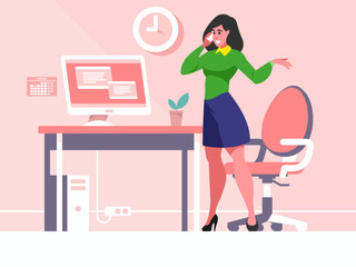 Businesswoman talking on smartphone with client or customer. Smiling woman employee have cellphone conversation. Business communication. Office workplace. Desk with computer and office chair. Vector