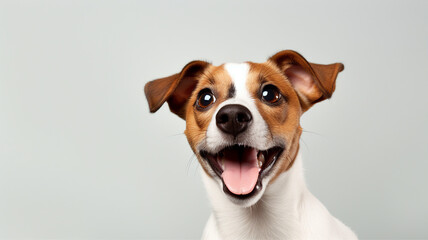 Portrait of an ecstatic dog with wide eyes and a big smile