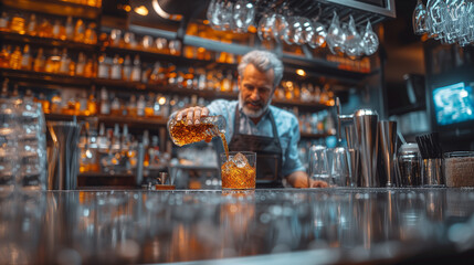 Bartender pouring an alcoholic drink from a measuring glass into a cocktail glass with a big ice cubes on the bar counter.