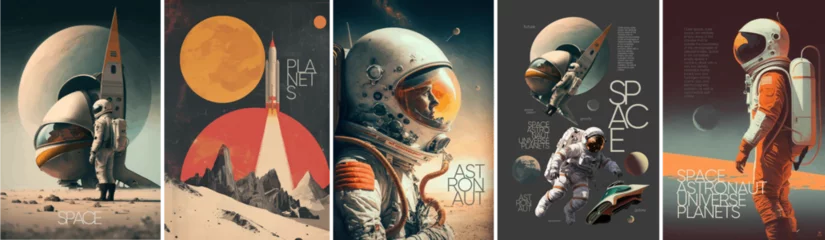 Plexiglas foto achterwand Space, astronaut and science fiction. Vector illustrations of universe, rocket, spaceship, planet, future, for background, poster or cover   © Ardea-studio