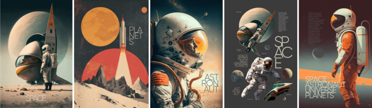 Space, astronaut and science fiction. Vector illustrations of universe, rocket, spaceship, planet, future, for background, poster or cover	
