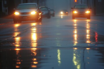 cars headlights reflecting on a wet, foggy street