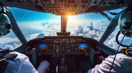 cockpit of airplane , a pilot flying  - obrazy, fototapety, plakaty