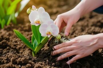 closeup of hands potting an orchid in fresh soil