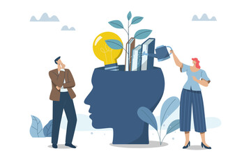 Self improvement, Increasing skills, Knowledge and abilities for oneself, Personal growth in the organization, Professional learning, Business team is watering the plants that grow from themselves.