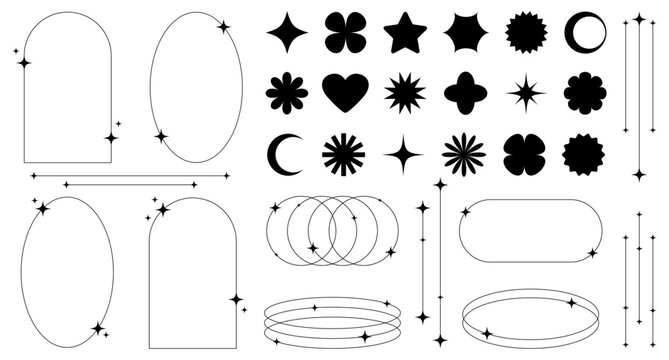 Set of abstract retro futuristic elements and shapes and aesthetic line frames boho, brutalism, Y2K style.Geometric elements with sparkles for template social media, poster, banner, logo, stickers