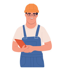 Social integration concept. A happy man with down syndrome is standing in a helmet and suit. A young man with Down syndrome works in an industrial enterprise.