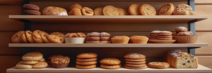 A variety of freshly baked bread lying on wooden shelves.