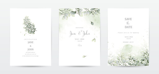 Set of invitation template cards with botanical and watercolor stains