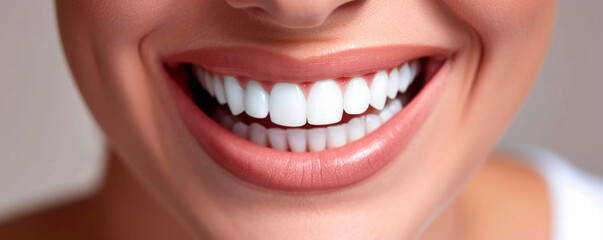 Beautiful female smile after teeth whitening procedure. Dental care. Dentistry concept.