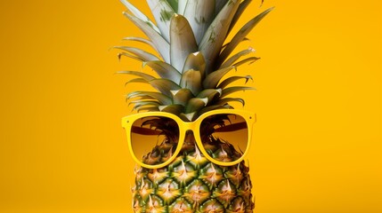 Close-up of a funny pineapple in sunglasses on a yellow background with a copy space. - obrazy, fototapety, plakaty
