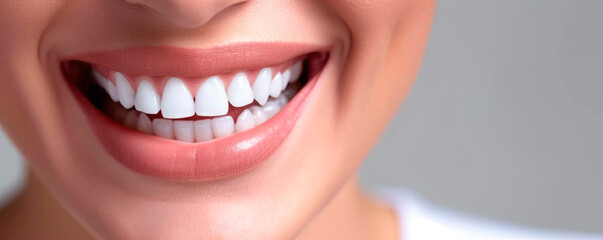 Naklejka premium Beautiful female smile after teeth whitening procedure. Dental care. Dentistry concept.