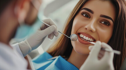 Young female patient visiting dentist office. Beautiful woman with healthy straight white teeth sitting at dental chair with open mouth during oral checkup while doctor working at teeth