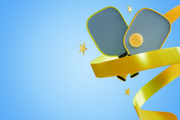 Two crossed pickleball rackets and sports balls, ribbons with place for text. 3d rendering