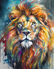 Majestically looking lion painted in airprush, colorful, strength, power, king, lion