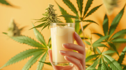 A hand holding a glass of hemp milk against a background of cannabis leaves, with a warm yellow backdrop.
